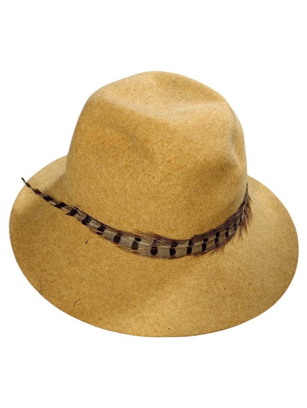 Vintage Wool Fedora Hat with Feather Trim - Tan